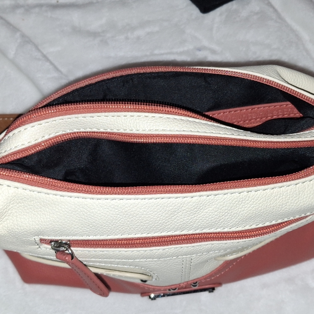Two-tone grained leather hobo bag with synthetic details Double top zipper entry